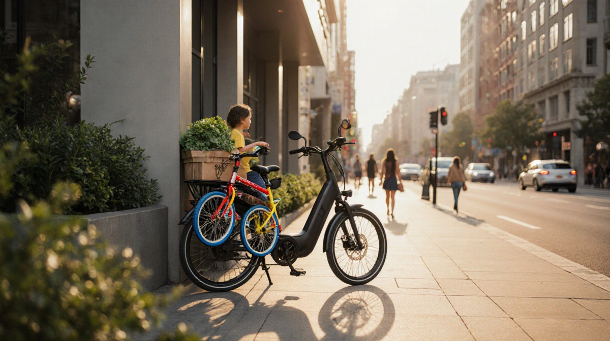 Electric cargo bike loaded with kids bikes and groceries stands against modern building with urban life in background