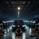 Tesla model sits alone with dim factory lights and BYD electric vehicles behind