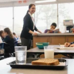 Teacher smiling while watching elementary students take seats with milk bread and water on lunch trays (93 chars)
