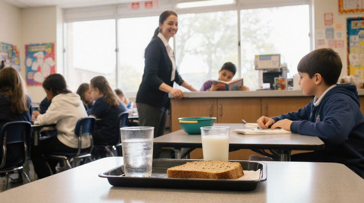 Teacher smiling while watching elementary students take seats with milk bread and water on lunch trays (93 chars)