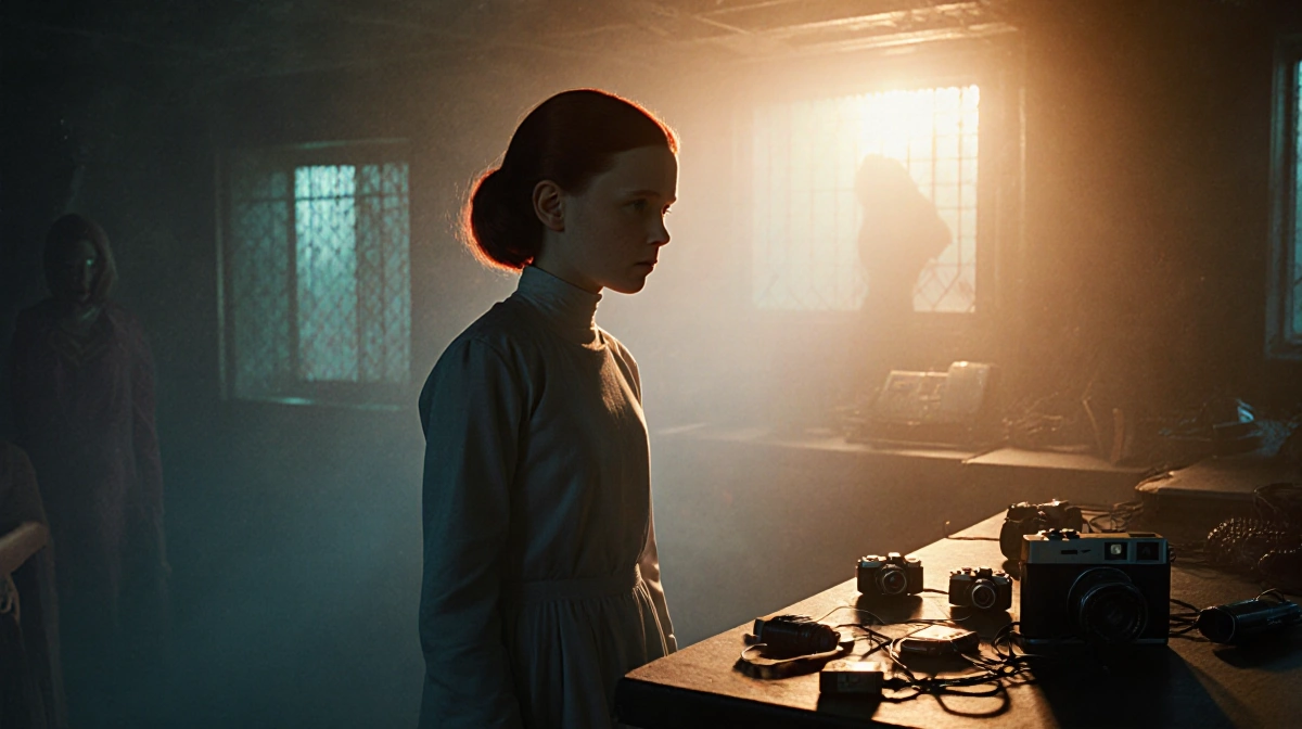 Eleven standing at the edge of the Upside Down in Stranger Things finale with introspective expression electronics scattered