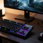 Elgato Stream Deck+ sits angled on dark wooden desk with gaming mouse and headset ready for streaming