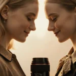 Elle and Dakota Fanning standing together in vintage dresses with golden lighting showing their sisterly bond