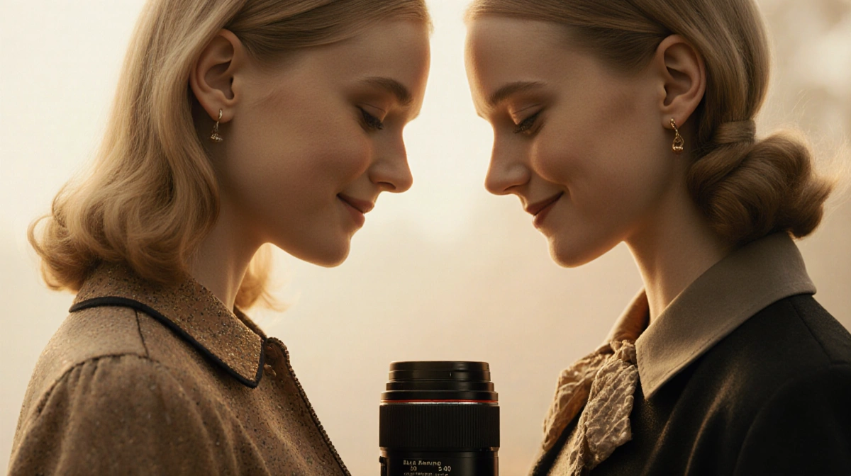 Elle and Dakota Fanning standing together in vintage dresses with golden lighting showing their sisterly bond