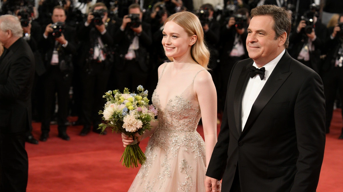 Elle Fanning walking away from Jack Black on red carpet with flowers and relieved smile