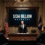 Elon Musk presenting 134 billion dollar settlement with defeated OpenAI and Microsoft executives in ornate courtroom