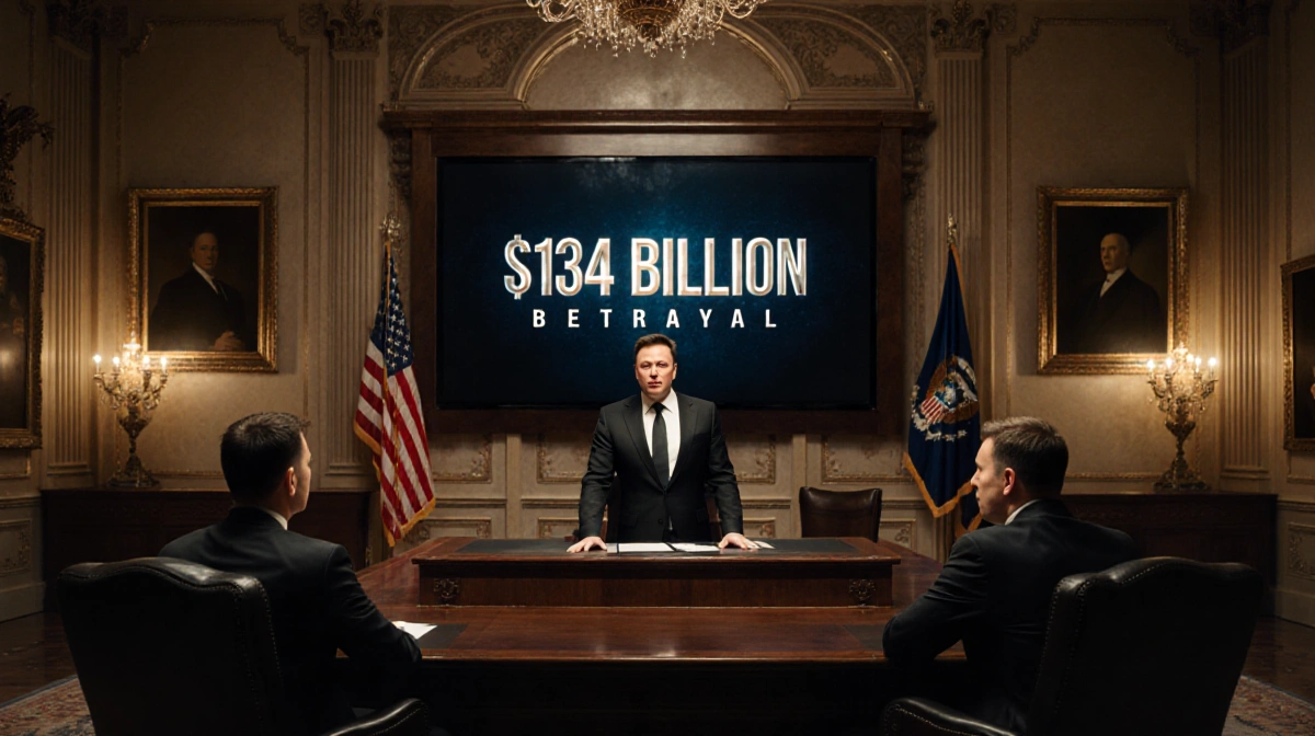 Elon Musk presenting 134 billion dollar settlement with defeated OpenAI and Microsoft executives in ornate courtroom
