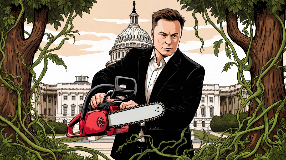 Elon Musk cutting through red tape with chainsaw and standing confidently with government buildings behind