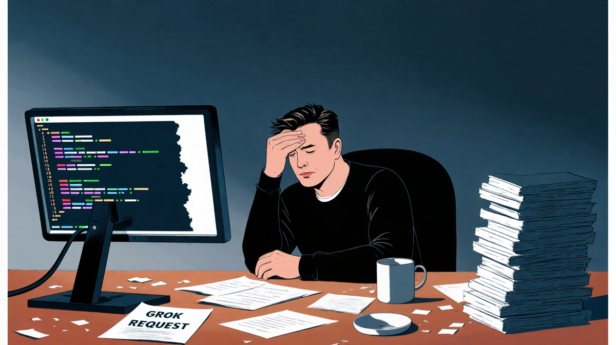 Elon Musk sits frustrated at desk with glowing code screen and stack of unfulfilled Grok requests