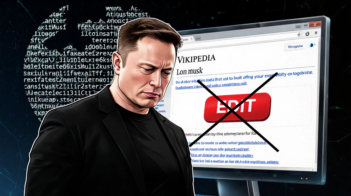 Elon Musk stands before a dystopian screen with crossed-out edit button and glitchy Wikipedia logo showing his frustration
