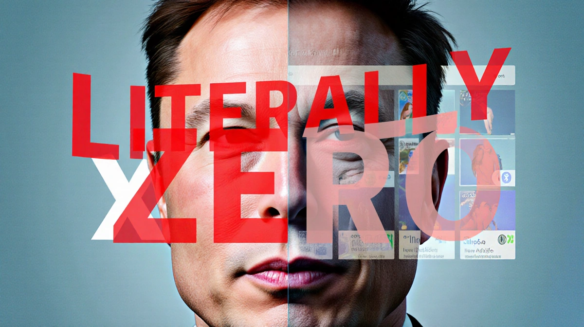 Elon Musk stands confidently with Literally zero text overhead and X logo filtering content behind