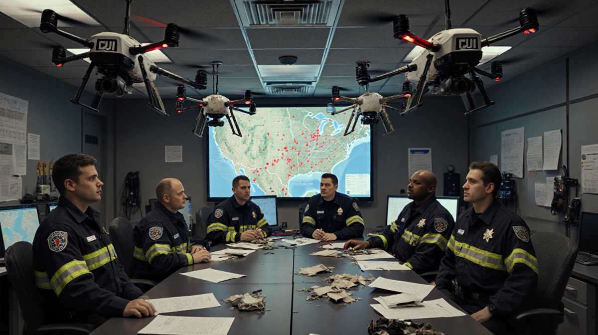 Emergency responders planning rescue missions with DJI drones and crash site map on wall