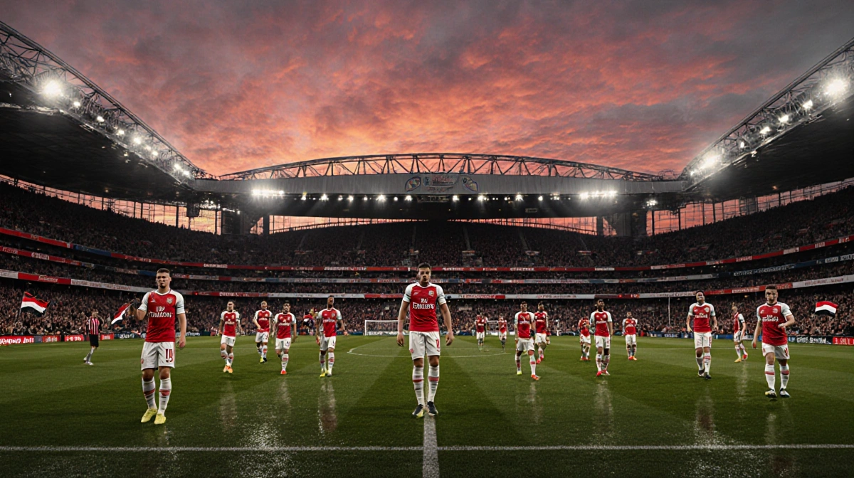 Arsenal players warming up on wet grass with stadium floodlights reflecting off turf and Bournemouth players focused in front