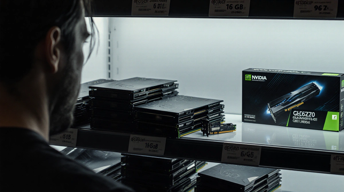Disheveled retailer stands before empty shelf with scattered 16GB graphics cards and distant Nvidia GPU showing price
