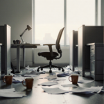 Desk chair sits empty at central workstation with scattered papers and abandoned coffee cups.