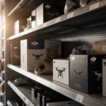 Sparse DJI drone shelf in store with soft light and empty packaging showing low stock