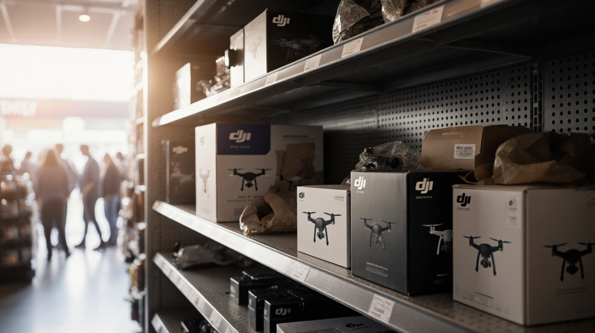 Sparse DJI drone shelf in store with soft light and empty packaging showing low stock