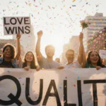 Diverse crowd celebrates with Equality for All banner and confetti at Texas pride parade with city skyline