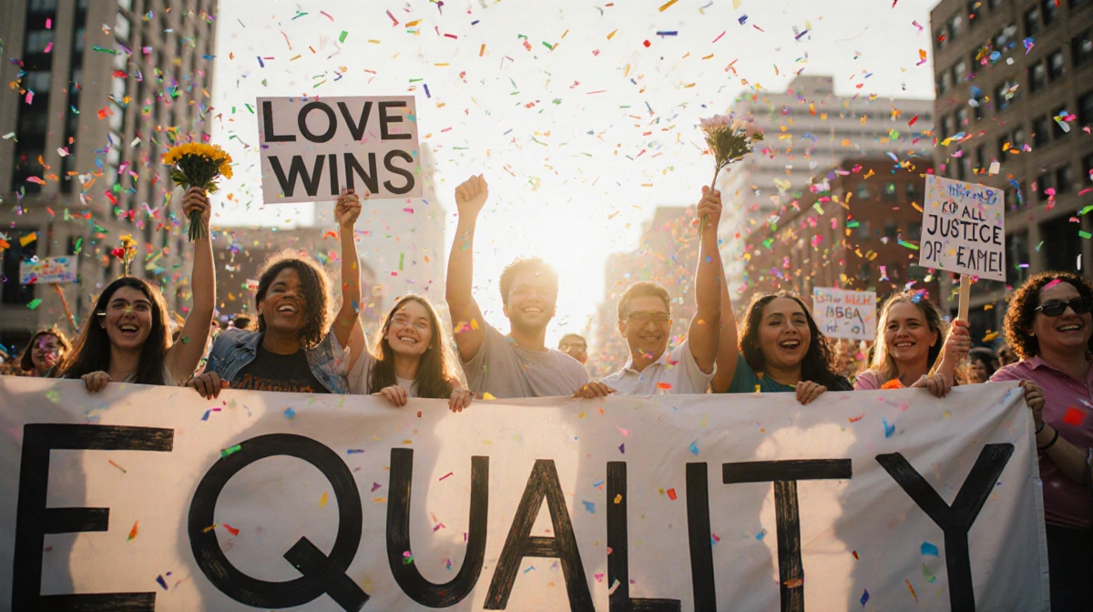 Diverse crowd celebrates with Equality for All banner and confetti at Texas pride parade with city skyline