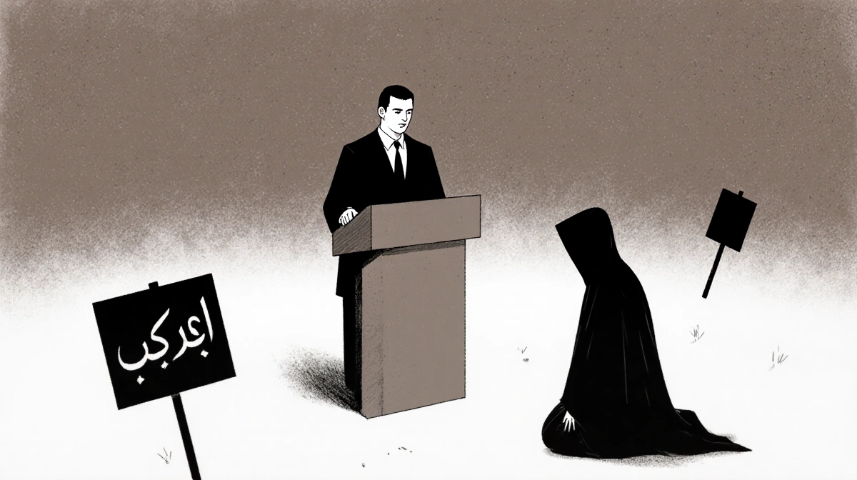 Judge stands behind platform with hooded figure kneeling and protest signs in foreground