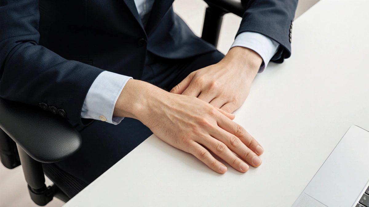 Office worker rests arms on ergonomic chair with straight wrists hovering above clean desk
