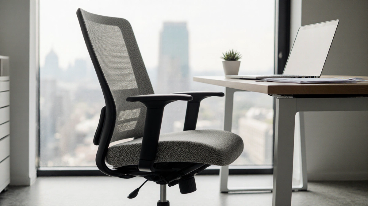 Ergonomic office chair sits at modern desk with laptop and potted plant near sunlit window