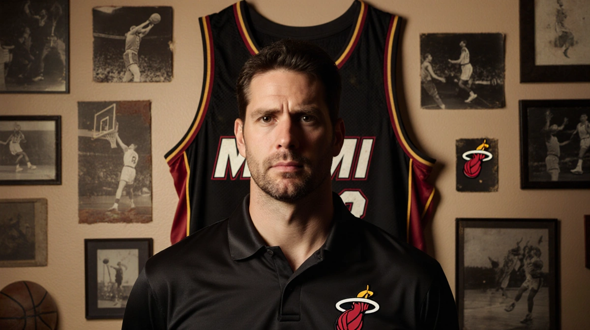 Erik Spoelstra stands before a Miami Heat jersey with vintage memorabilia and nostalgic photos showing his coaching journey