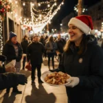 Volunteer handing out food to homeless people on Ervay Street with twinkling Christmas lights and golden glow