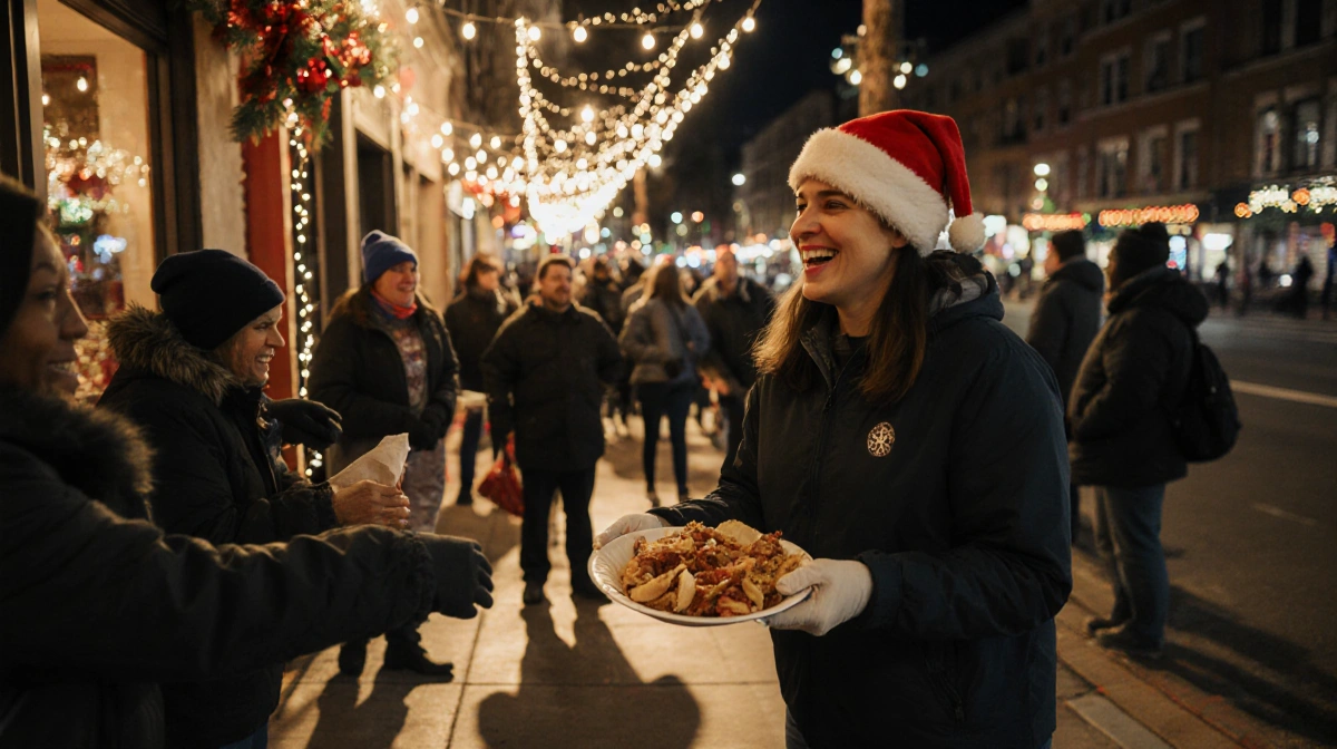 Volunteer handing out food to homeless people on Ervay Street with twinkling Christmas lights and golden glow