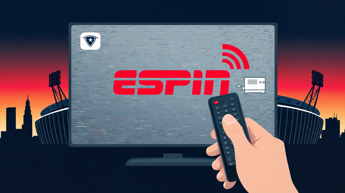 Hands holding remote pointing at TV screen with ESPN logo and Superdome silhouette at sunset.