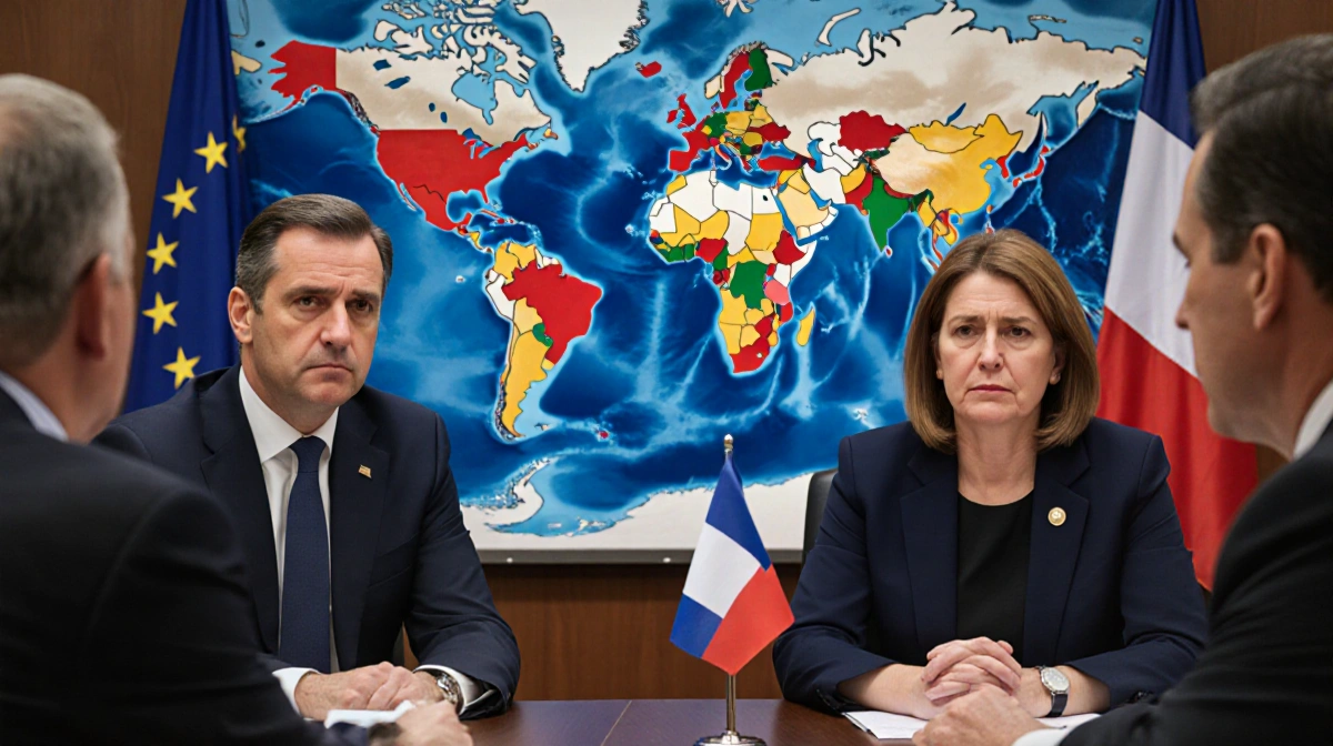EU leaders seated around table with António Costa and Kaja Kallas world map flags in background
