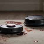 Eufy robot vacuum dock with wet-vac module stands near the idle unit with ketchup and milk stains on the rug behind