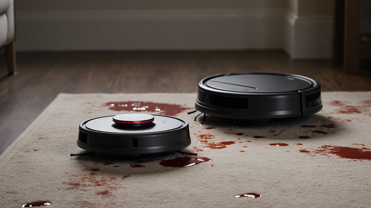 Eufy robot vacuum dock with wet-vac module stands near the idle unit with ketchup and milk stains on the rug behind