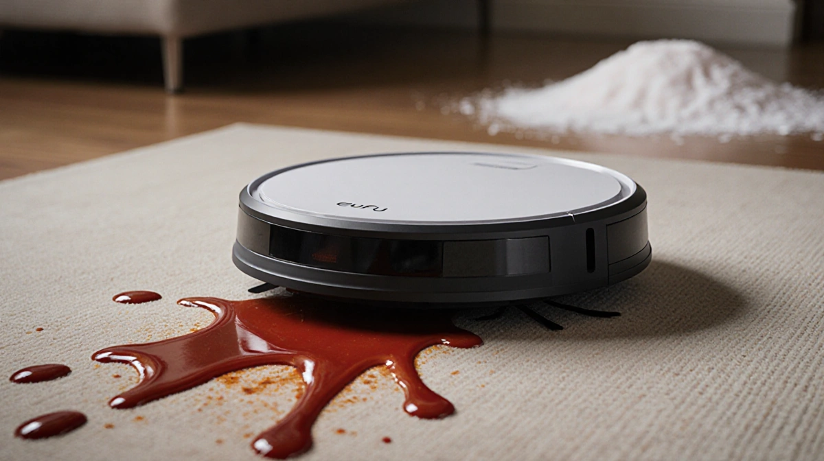 Robot vacuum leaving ketchup trail on rug with winter salt stains in blurred background