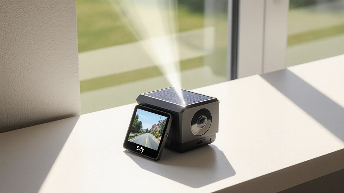 Eufy solar-powered security camera projects live feed on screen with sunlight streaming and spotlight beam highlighting motio
