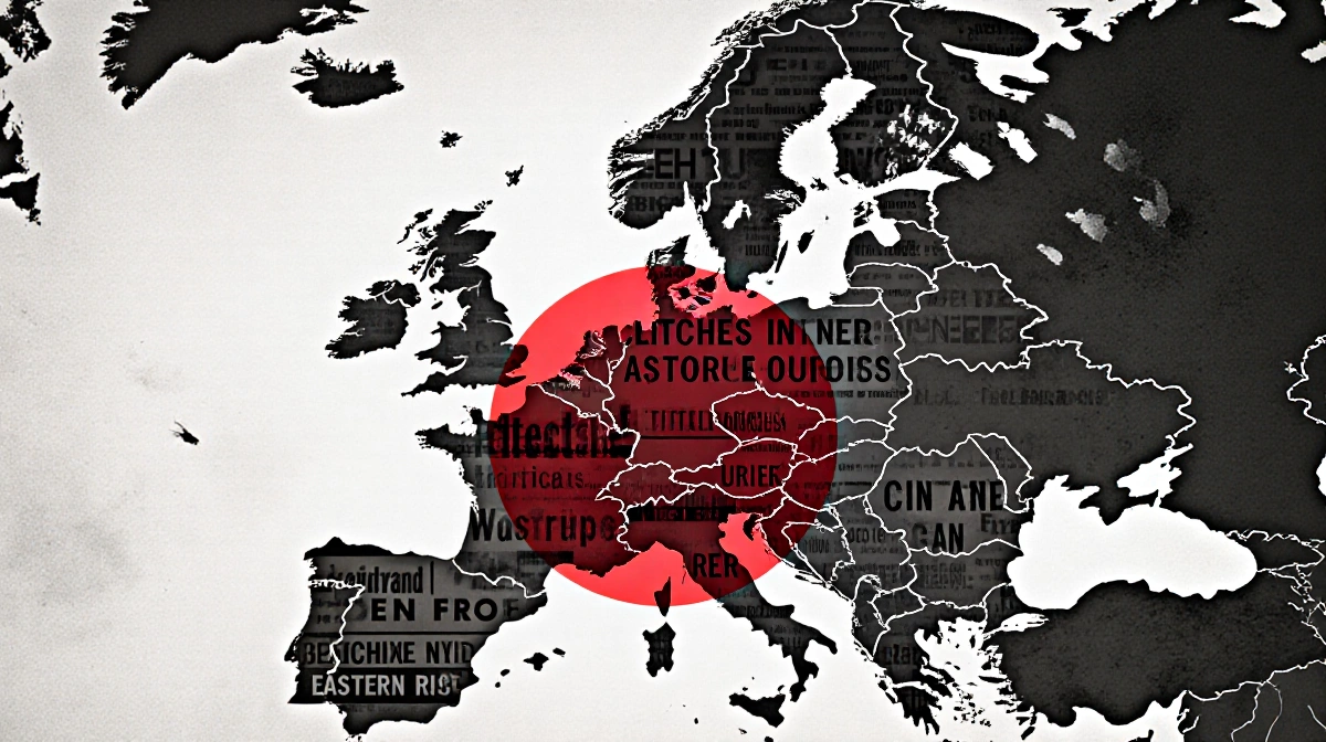 Stylized Europe map with red highlighting shows geopolitical tensions with fragmented news headlines scattered across the sur