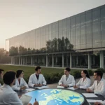 Scientists collaborate around a table with laptops showing Europe maps at glass research facility with dawn sky and trees beh