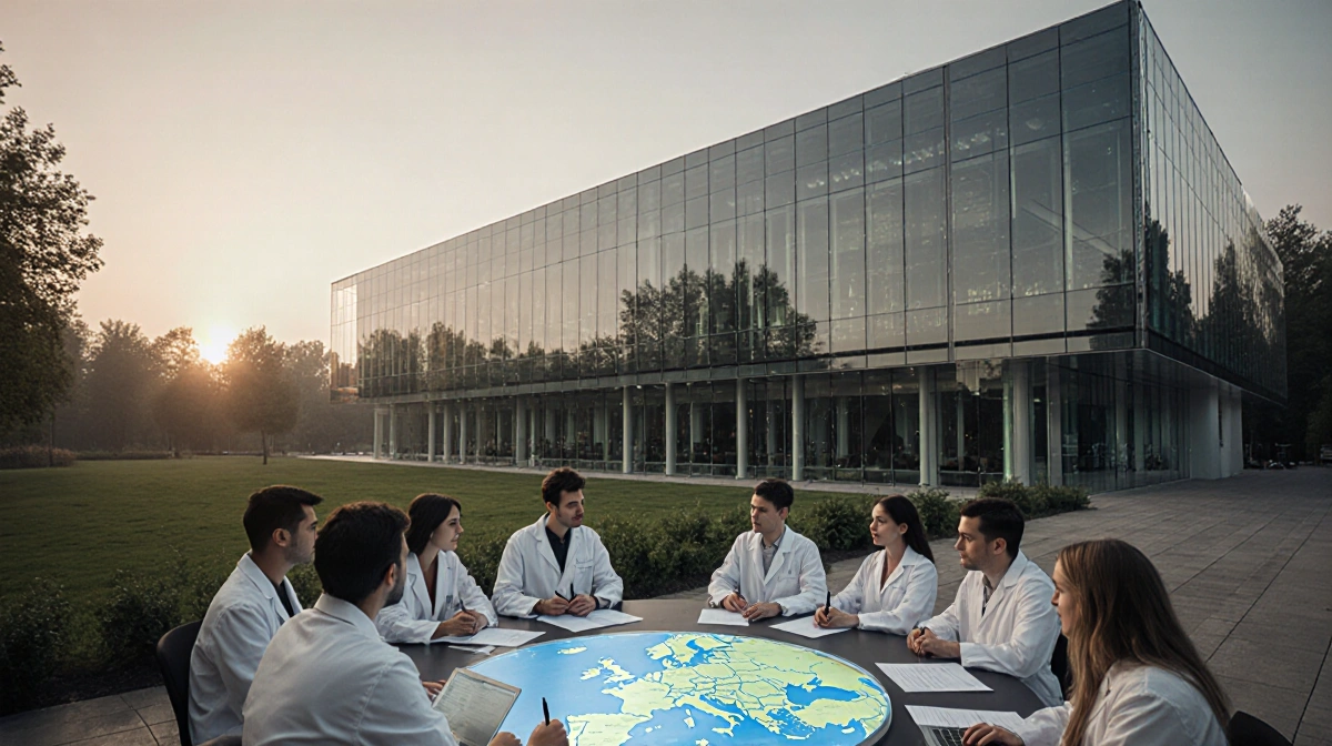 Scientists collaborate around a table with laptops showing Europe maps at glass research facility with dawn sky and trees beh