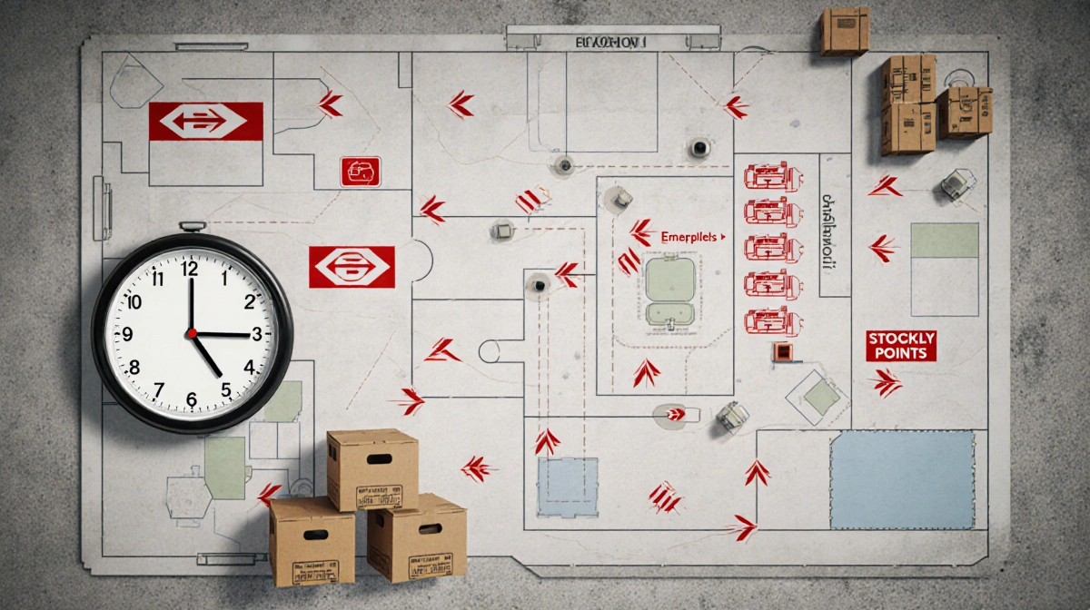Emergency evacuation map showing escape routes with exit arrows and assembly points marked with storage containers and urgent