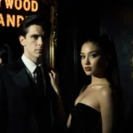 Evan Peters and Ariana Grande posing together with vintage Hollywood mirrors and moody lighting reflecting their glamorous st