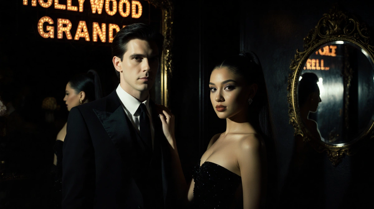 Evan Peters and Ariana Grande posing together with vintage Hollywood mirrors and moody lighting reflecting their glamorous st
