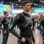 Group of people wearing sleek exoskeletons posing with glowing accents and metallic textures on a bustling CES 2026 floor