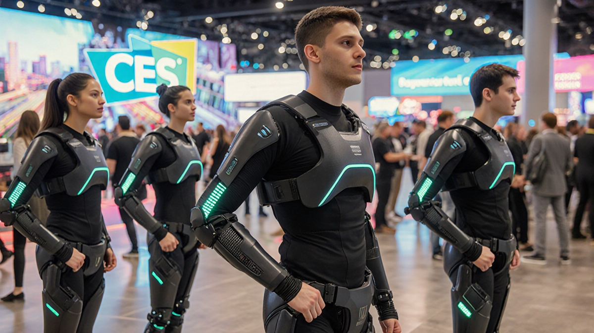 Group of people wearing sleek exoskeletons posing with glowing accents and metallic textures on a bustling CES 2026 floor