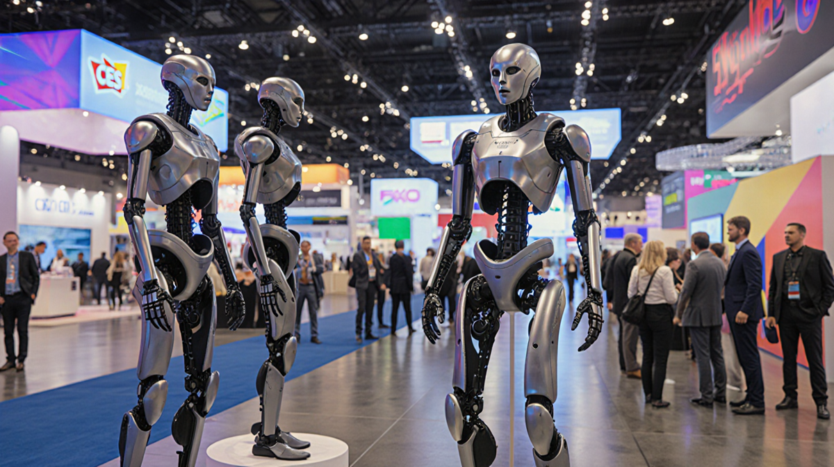 Exoskeleton prototypes move with sensors and actuators during interactive demo near booth.