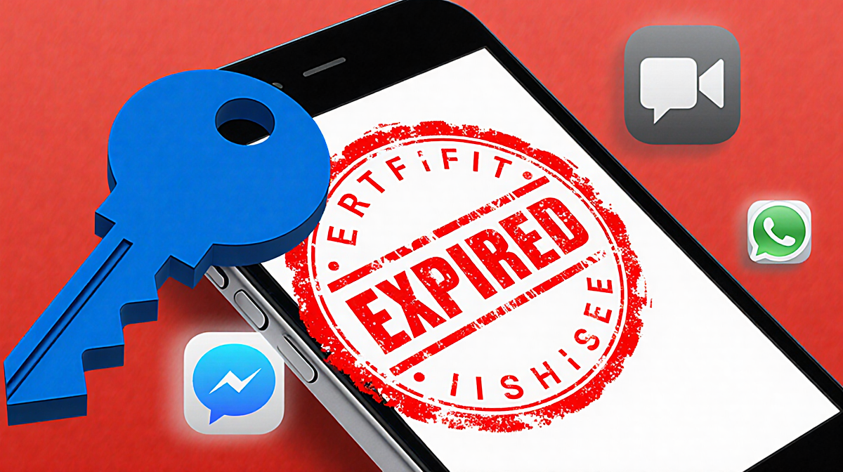 Smartphone screen shows certificate with EXPIRED stamp and gray iMessage icons blue key unlocks