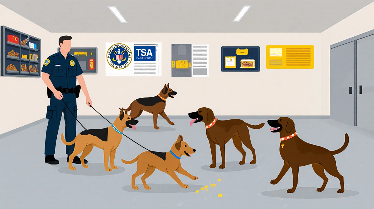 Canine team performing detection drills with handler and TSA logo on equipment