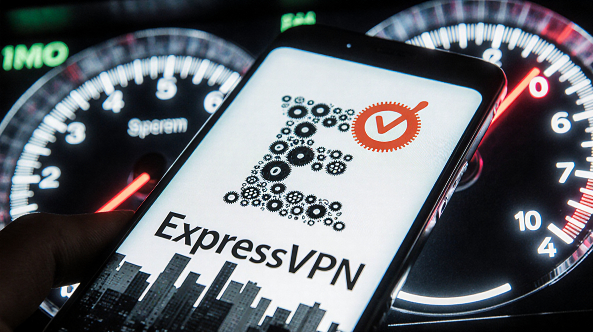 ExpressVPN logo glowing on a dashboard with a speedometer needle pointing fast and a gradient radiating security