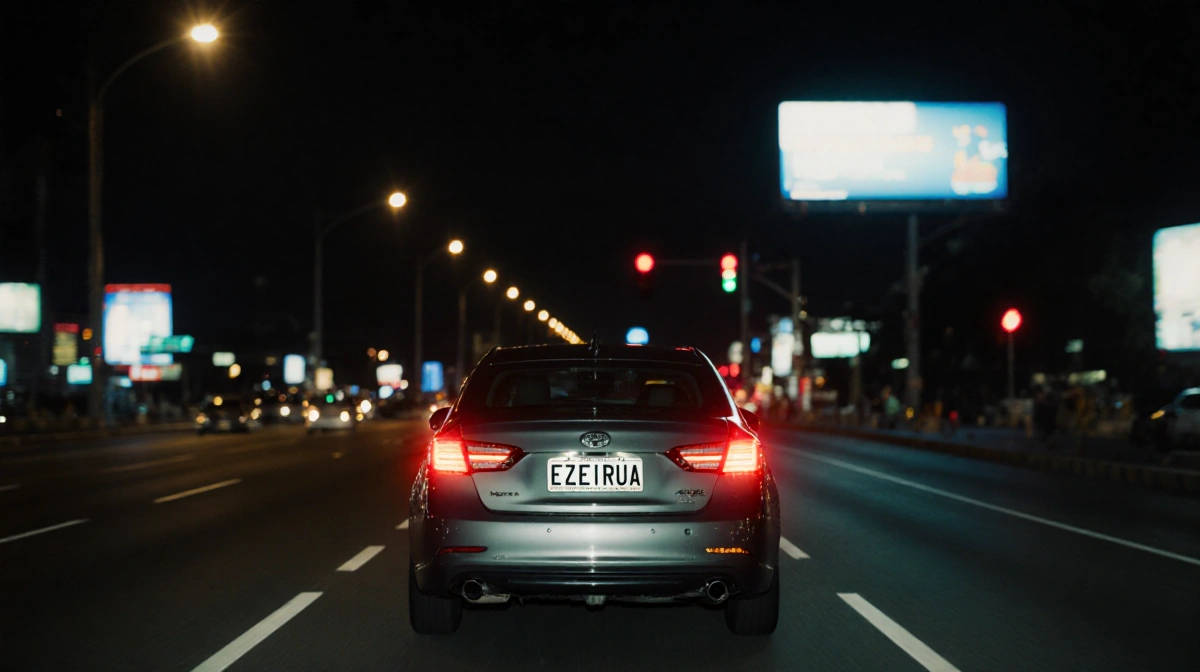 Car speeds down dark road with EZEIRUA license plate and police lights flashing in mirror