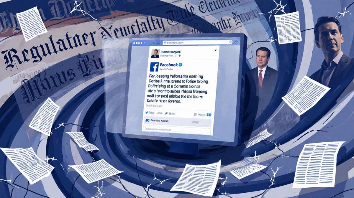 Swirling vortex pulls Facebook post into center with broken phone lines and newspaper clippings showing misinformation spread