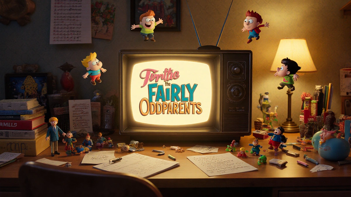 Vintage television glows with Fairly OddParents characters floating above childhood desk with retro toys and musical notes